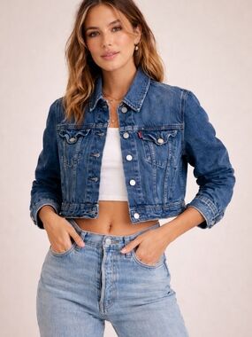 *FLAWED* Levi’s Cropped Denim Jacket Medium Wash Distressed Trucker Size M